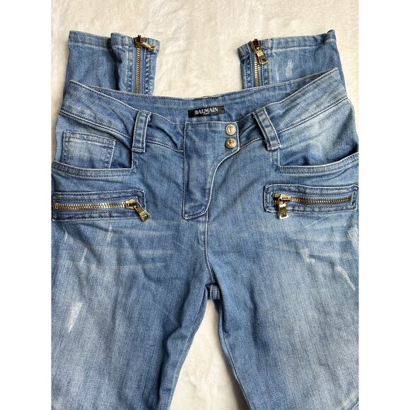 Balmain Paris Moto Skinny Jeans Womens Size 40 Blue Distressed Zip Details - Picture 7 of 15